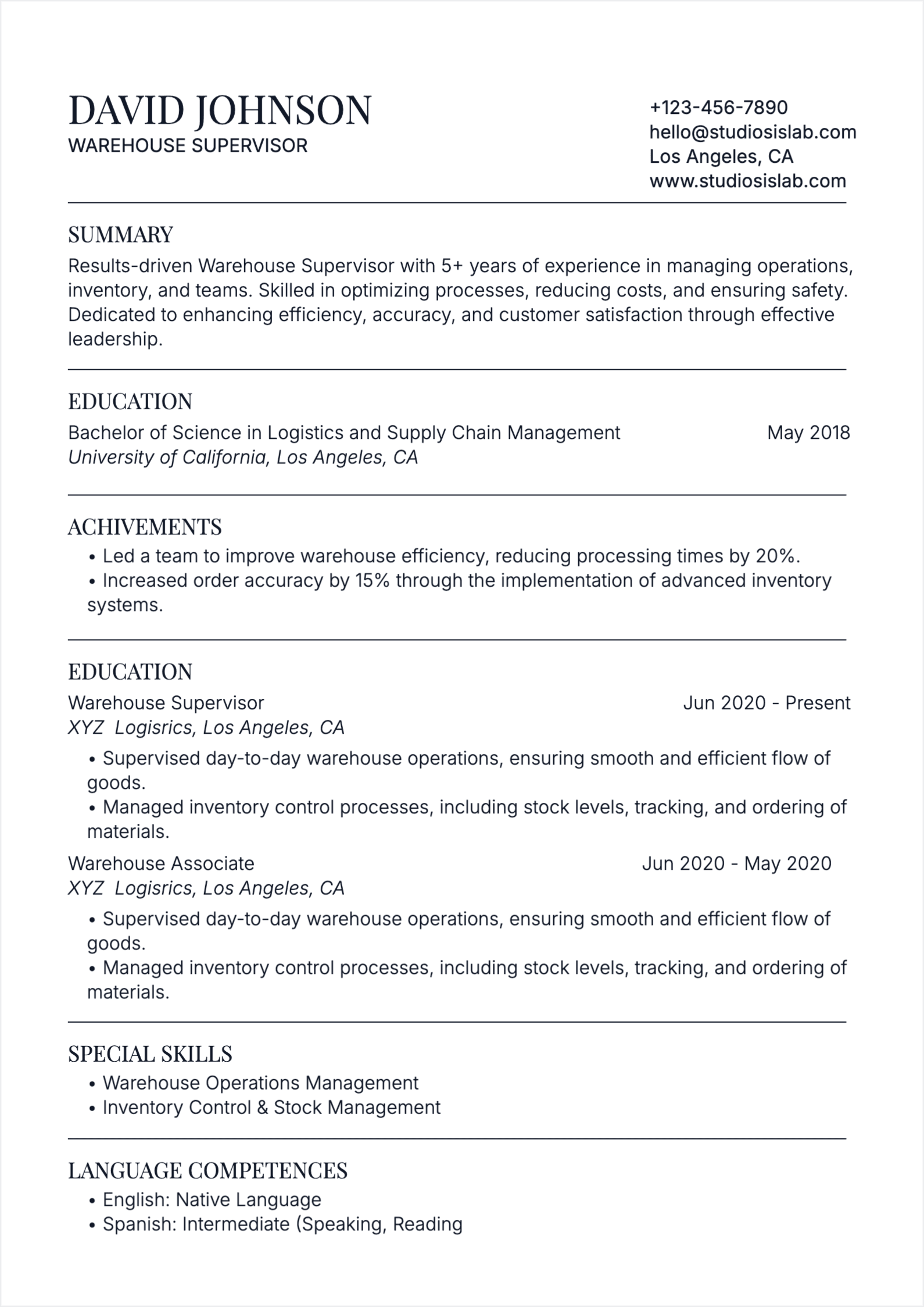 Warehouse Worker Resume resume template preview